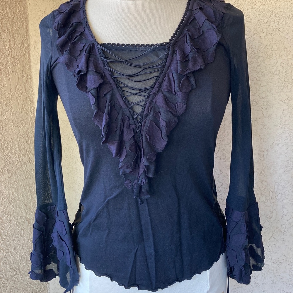 Black lace top sheer sleeves lined bodice